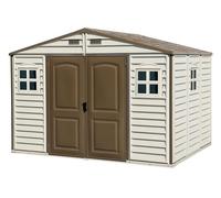 Duramax WoodSide 10 x 8 (7.64 m²) Abri de jardin en plastique avec 3 fenêtres fixes et kit de fondation en métal, structure de toit en métal robuste, ignifuge et sans entretien - Ivory/Brown