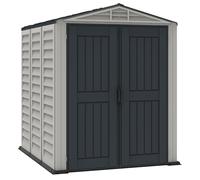 Duramax YardMate PLUS 5 x 8 (4.28 m²) Abri de jardin en plastique avec plancher en plastique robuste, structure de toit en métal robuste, ignifuge et sans entretien, Gris foncé/ Adobe