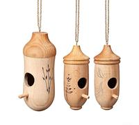 Durashmall Lot de 3 petites maisons à oiseaux en bois de hêtre naturel avec perchoir pour décoration de jardin, abri à suspendre pour colibris hirondelles, pinsons, nestin en bois de faune