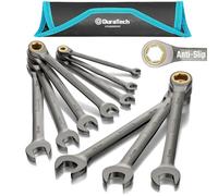 Duratech - Ensemble de clés à cliquet antidérapantes, ensemble de clés mixtes, 10 pièces, métrique 6-18 mm, 72 dents, plaqué nickel, acier CR-V, avec pochette