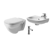 Duravit D Code Ensemble de toilette à fond creux 35.5x54.5cm avec abattant, lave-mains avec trou de robinet droite 36x27cm blanc et robinet chrome 0296237/sw85520/sw238430/