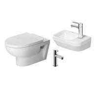 Duravit Durastyle Ensemble WC suspendu sans bride abattant softclose lave-mains 1 trou de robinetterie à droite 36x22cm blanc robinet de lave-mains chromé sw68313/sw197110/sw238430/