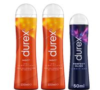 Durex - 3 Gels Lubrifiants Sexuels - 2 x Gels Comestibles Hot 100ml - 1 xGel Lubrifiant Perfect Gliss 50ml