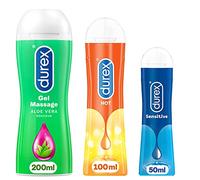 Durex CADEAU PLAISIR - 3 Gels Lubrifiants Intimes - Massage 2 en 1 Aloë Vera Douceur 200ml - Hot Chauffant Stimulant 100ml - Sensitive Confort 50ml