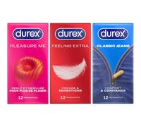Durex - Lot de 3 boîtes de Préservatifs - Pleasure Me x12 - Feeling Extra x12 - Classic Jeans x12