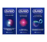 DUREX - Lot de 3 Boîtes de Préservatifs - You & Me x10 - Longer Pleasure x10 - Orgasm'Intense x10