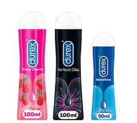 Durex - Lot de 3 Gels Lubrifiants intimes - Crazy Cherry Goût Cerise 100ml - Perfect Gliss Lubrifiant Anal 100ml - Intime Sensitive 50ml