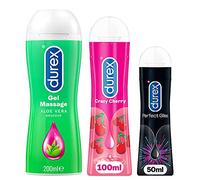 DUREX Lot de 3 Gels Lubrifiants Intimes - Gel De Massage Aloë Vera 200ml - Gel Lubrifiant Comestible Goût Cerise 100ml - Perfect Gliss Lubrifiant Anal 50ml