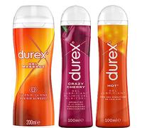 DUREX Lot de 3 Gels Lubrifiants Intimes - Gel De Massage Ylang Ylang 200ml - Crazy Cherry Gel Lubrifiant Comestible 100ml - Hot Gel Lubrifiant Chauffant Stimulant 100ml