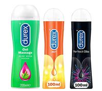 Durex - Lot de 3 Gels Lubrifiants Intimes - Gel Massage 2 en 1 Aloë Vera Douceur 200ml - Hot Effet Chauffant Stimulant 100ml - Perfect Gliss Gel Lubrifiant Silicone Sexe Anal 100ml
