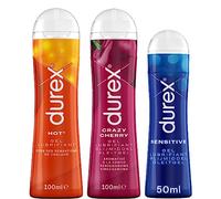 Durex - Lot De 3 Gels Lubrifiants Intimes - Hot Chauffant 100ml - Crazy Cherry Comestible 100ml - Sensitive Confort 50ml