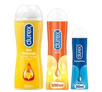 DUREX Lot de 3 Lubrifiants Intimes - Gel De Massage 2 en 1 Ylang Ylang 200ml - Hot Lubrifiant Chauffant Stimulant 100ml - Sensitive Lubrifiant Intime Confort 50ml