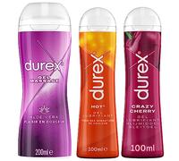 Durex - Lot de 3 Lubrifiants Intimes : Massage 2 en 1 Douceur Aloë Vera 200ml, Crazy Cherry Goût Cerise 100ml, Hot Chauffant Stimulant 100ml