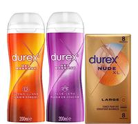 Durex - Lot de Préservatifs et Lubrifiant - 1 Boîte de Préservatifs Nude XL x8 - Gel Massage Lubrifiant Ylang-Ylang Sensuel 200 ml (Nude XL x8 + 2 Gels Massage Sensuel & Douceur)