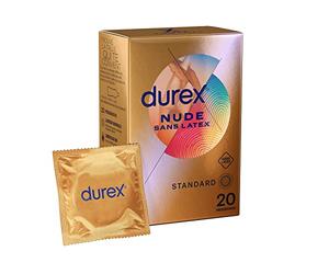 Durex Nude Sans Latex - 20 Préservatifs Extra Lubrifiés - Taille Standard - Convient aux personnes allergiques au latex