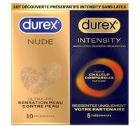 Durex Pack Découverte Intensity - 5 Préservatifs Homme Sans Latex Ultra Fins Ultra Lubrifiés et 10 préservatifs Nude Extra Fins