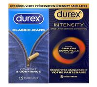 Durex Pack Découverte Intensity - 5 Préservatifs Homme Sans Latex Ultra Fins Ultra Lubrifiés et 12 préservatifs Classic Jeans