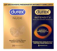 Durex Pack Découverte Intensity - 5 Préservatifs Homme Sans Latex Ultra Fins Ultra Lubrifiés et 20 préservatifs Nude Extra Fins
