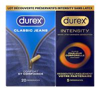 Durex Pack Découverte Intensity - 5 Préservatifs Homme Sans Latex Ultra Fins Ultra Lubrifiés et 20 préservatifs Classic Jeans