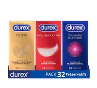 Durex Préservatifs - Lot de 32 préservatifs Homme - Nude Original x10 - Feeling Extra x12 - Orgasme Intense x10