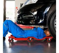 DURHAND Chariot de Mécanicien avec Repose-Tête Rembourré et 2 Plateaux Latéraux en Plastique Rouge, 100x48x12 cm