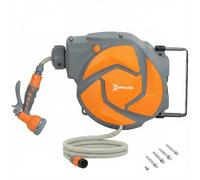 DURHAND Enrouleur de tuyau d'arrosage 10+1 m avec embout 7 fonctions, dévidoir mural, pivotant à 180°, avec retour automatique, gris foncé et orange