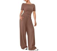 DURINM Ensemble Femme Pantalon et Haut Fluide 2 Pièces Manches Courtes Top Pantalon avec Poches Deux Pièces Loungewear, Ensemble Casual Crew Neck Cap Sleeve Tops et jogging Survêtements avec poches