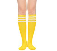 Durio Chaussettes hautes d'hiver thermiques longues pour femme - Rayures blanches et bleues - Taille unique, Rayures jaunes et blanches, taille unique
