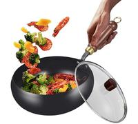 Duroecsain Poêle Wok | Wok en Fonte avec Couvercle,Poêle en Fer Naturel Ergonomique avec Couvercle pour Cuisine Maison, Extérieur, Restaurant et Camping