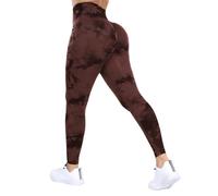 DUROFIT Leggings de Sport Push Up pour Femme, Tie-Dye Pantalon de Compression sans Couture Taille Haute, Yoga Pants pour Fitness Pilates, Marron L