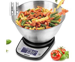 Duronic KS5000 BKSS Balance de Cuisine d'une capacité de 5 kg | Précision à 1 g | Bol en inox de 2.5 L inclus | Large écran LCD | Fonction d'ajout de poids TARE | Idéale pour la pâtisserie