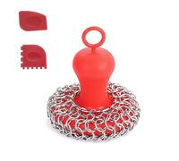 Durratou Cast Iron Chainmail Scrubber + Pan Stainless Steel Skillet Cleaner, Outil de grattage pour poêle en fonte Rouge