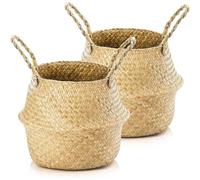 Duscdesp Lot de 2 paniers de rangement en jonc de mer, cache-pot, panier à linge avec poignée, panier tissé en jonc naturel, panier à fleurs pliable, panier à linge, panier de rangement pour