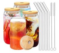 Duscdesp Lot de 4 tasses à café glacé avec couvercles et pailles, verres avec couvercles en bambou et paille en verre, 473 ml, café glacé, cocktail