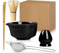 Duscdesp Lot de 5 balais à matcha en bambou - Bol à matcha en céramique avec bec verseur - Pour matcha - Pelle - Passoire - Sans poudre - Kit de démarrage pour matcha cérémonial - Noir