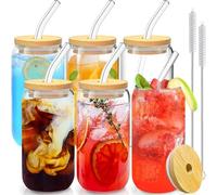 Duscdesp Lot de 6 tasses à café glacé en verre avec couvercles et pailles, 473 ml, tasses avec couvercles pour eau, cocktail
