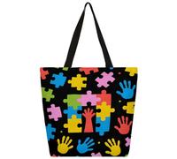 Dusviba Grand sac fourre-tout en toile coloré avec motif puzzle d'autisme pour femme, grand sac à main à bandoulière réutilisable avec poche intérieure à fermeture éclair, sac fourre-tout décontracté