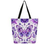Dusviba Grand sac fourre-tout en toile pour femme, motif mandala, papillon, fleurs, sac fourre-tout réutilisable avec poche intérieure zippée, sac fourre-tout décontracté pour le shopping, le travail