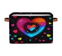 Dusviba Panier de rangement pliable en tissu avec poignées en cuir, motif cœur fluo de Saint-Valentin, avec couvercles, pour vêtements, jouets, linge, grand organiseur léger et spacieux, 38,1 x 27,9 x