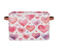 Dusviba Panier de rangement pliable en tissu avec poignées en cuir pour la Saint-Valentin, motif aquarelle, cœurs, grand organiseur léger et spacieux, 38,1 x 27,9 x 24,1 cm