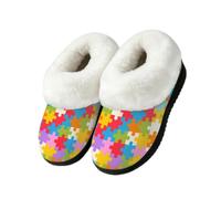 Dusviba Pantoufles en peluche motif puzzle autisme pour femmes 7-8 | Chaussures d'intérieur chaudes à dos fermé, semelle antidérapante TPR confortable pour chambre à coucher d'hiver