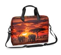 Dusviba Sac à bandoulière fin pour ordinateur portable de 40,6 cm - Avec poignée et sangle amovible - Motif prairie africaine - Éléphant et coucher de soleil - Pour le travail et le bureau