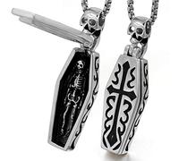 DUTACK Collier vintage pour homme en acier inoxydable avec pendentif squelette de vampire en forme de cercueil style steampunk, gothique, punk, rock, motard, cadeau