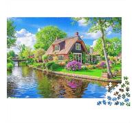 Dutch Cottage Scene Colourful Riverside Small Cottage 1000 Pieces Jigsaw Puzzles Adults Birthday Fun Present & Activity 52x38cm/1000pcs