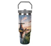 Dutch Windmill - Gobelet de 887 ml avec paille, tasse de voyage isotherme en acier inoxydable avec poignée, tasse à café sous vide à double paroi, couvercle anti-fuite, garde les boissons chaudes