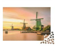 Dutch Windmills Puzzles 1000 Pièces Matériau Recyclable Sunset Seniors Puzzles Impossible Hard Difficult Stimulant Éducatif Jeu pour Men 70x50cm/1000pcs