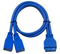 Duttek Câble de panneau avant USB 3.0, USB 3.0 19 broches vers 2AF pour carte mère avant, adaptateur répartiteur PCI-E 19 broches femelle vers double USB 3.0 A (bleu, 50 cm)
