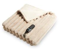 Duux Yentl Couverture chauffante, électrique, à rayures, 200 x 200 cm, extra douce, 9 niveaux de chauffage et minuterie, lavable, protection contre la surchauffe, économe en énergie, beige