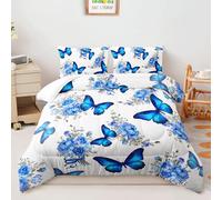 Duvet 2 Personnes Fleur Papillon Bleu Couette 2 Personnes Doux Lavable pour 4 Saisons Matelassée Couette Chaude Respirable sans Housse Edredon Gonflant 203x228 cm