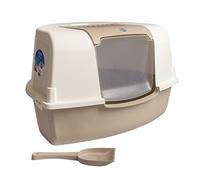 duvoplus, Bac à Litière d'angle pour Chat Ariel 58x47x38cm mocaccino, avec Grille de Ventilation, avec volet Rotatif Transparent, Bac à litière Moderne en Plastique, Hygiénique - Lavable